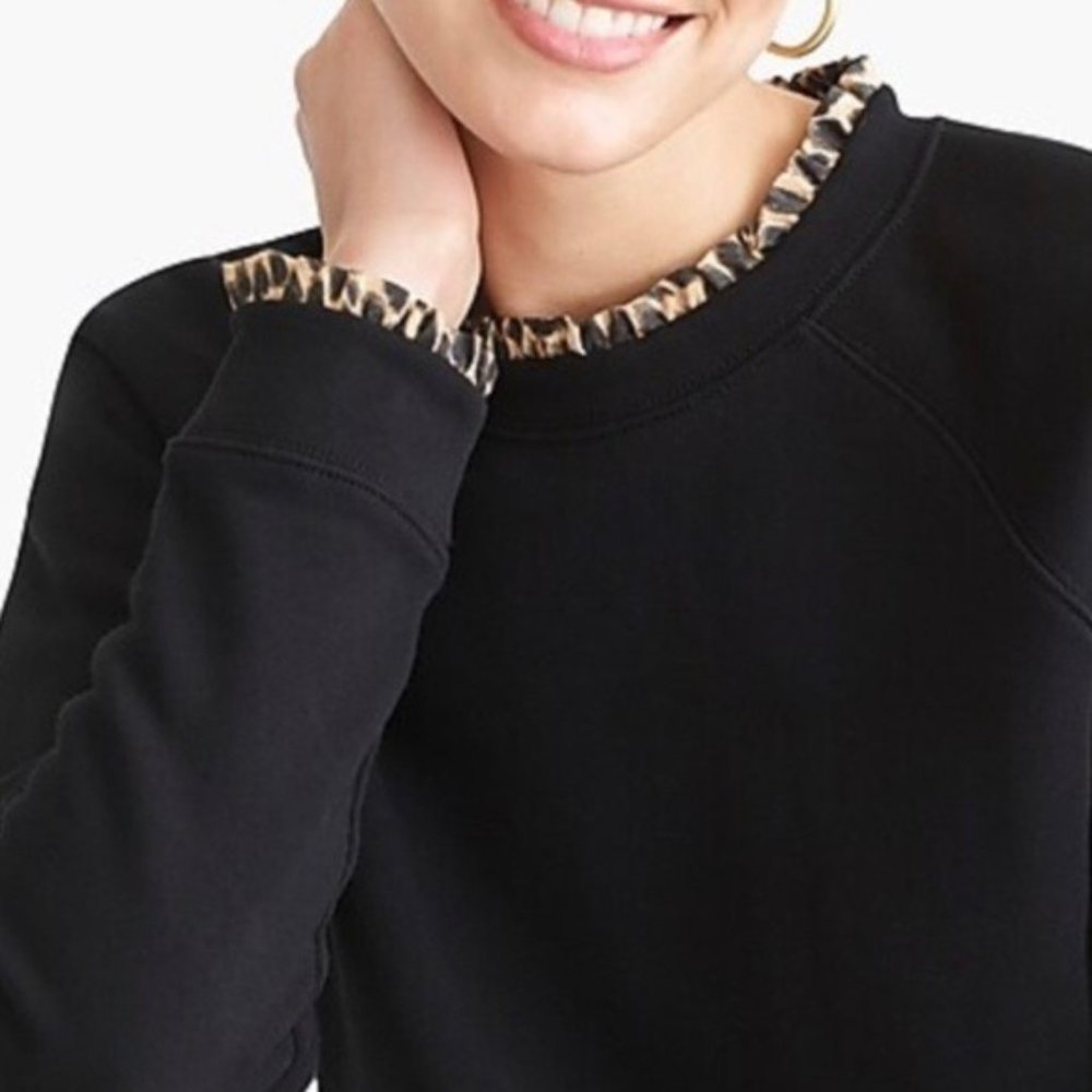 J. Crew Woven Ruffle Neck Pullover Sweater Leopard